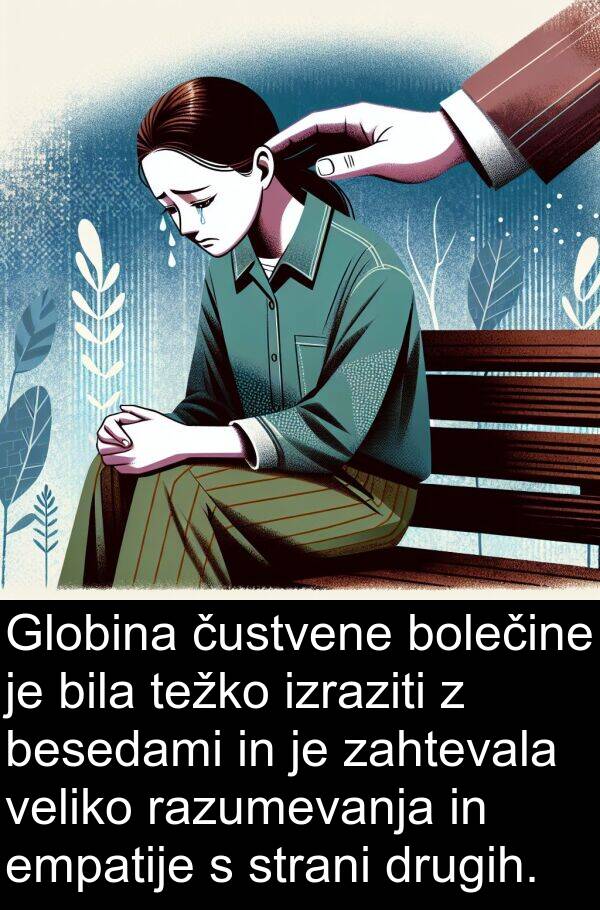 težko: Globina čustvene bolečine je bila težko izraziti z besedami in je zahtevala veliko razumevanja in empatije s strani drugih.