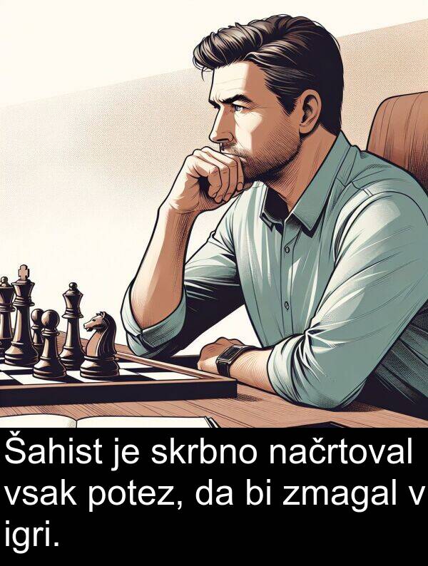 načrtoval: Šahist je skrbno načrtoval vsak potez, da bi zmagal v igri.