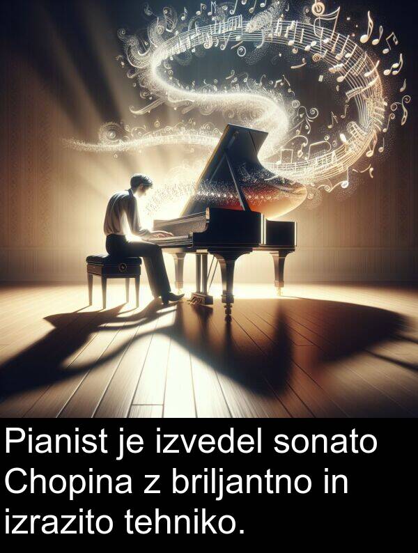 tehniko: Pianist je izvedel sonato Chopina z briljantno in izrazito tehniko.