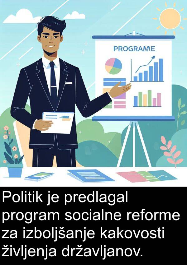 kakovosti: Politik je predlagal program socialne reforme za izboljšanje kakovosti življenja državljanov.