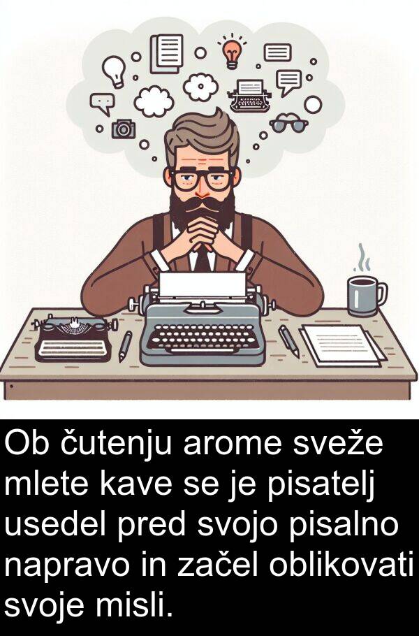 pisalno: Ob čutenju arome sveže mlete kave se je pisatelj usedel pred svojo pisalno napravo in začel oblikovati svoje misli.