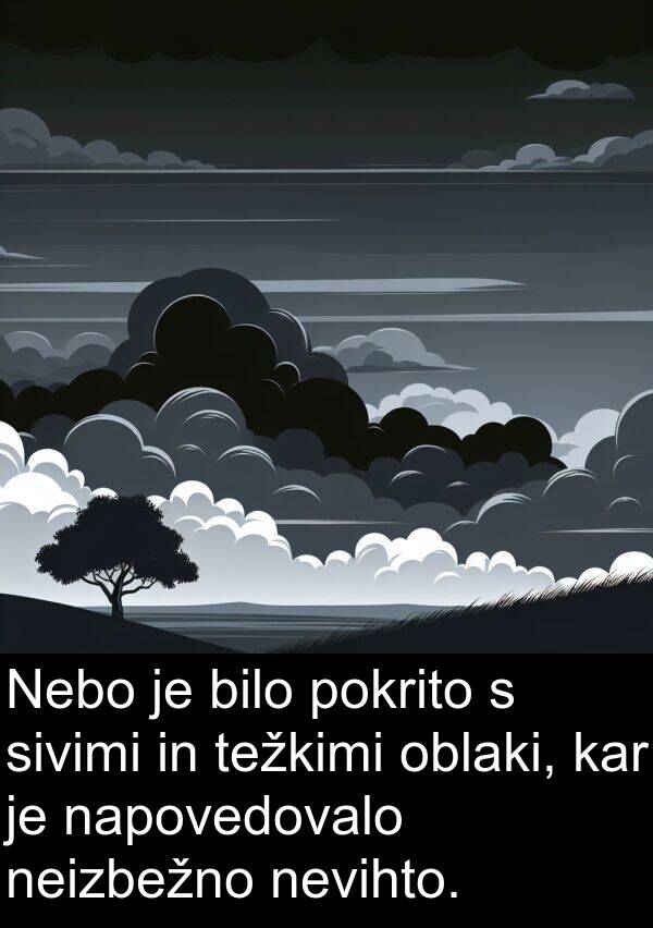 pokrito: Nebo je bilo pokrito s sivimi in težkimi oblaki, kar je napovedovalo neizbežno nevihto.