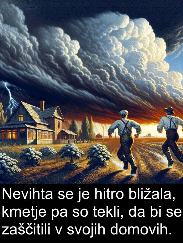 hitro: Nevihta se je hitro bližala, kmetje pa so tekli, da bi se zaščitili v svojih domovih.