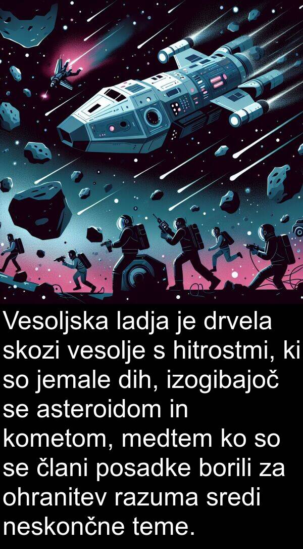 člani: Vesoljska ladja je drvela skozi vesolje s hitrostmi, ki so jemale dih, izogibajoč se asteroidom in kometom, medtem ko so se člani posadke borili za ohranitev razuma sredi neskončne teme.