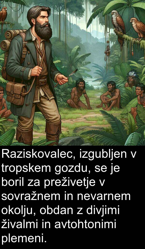 gozdu: Raziskovalec, izgubljen v tropskem gozdu, se je boril za preživetje v sovražnem in nevarnem okolju, obdan z divjimi živalmi in avtohtonimi plemeni.