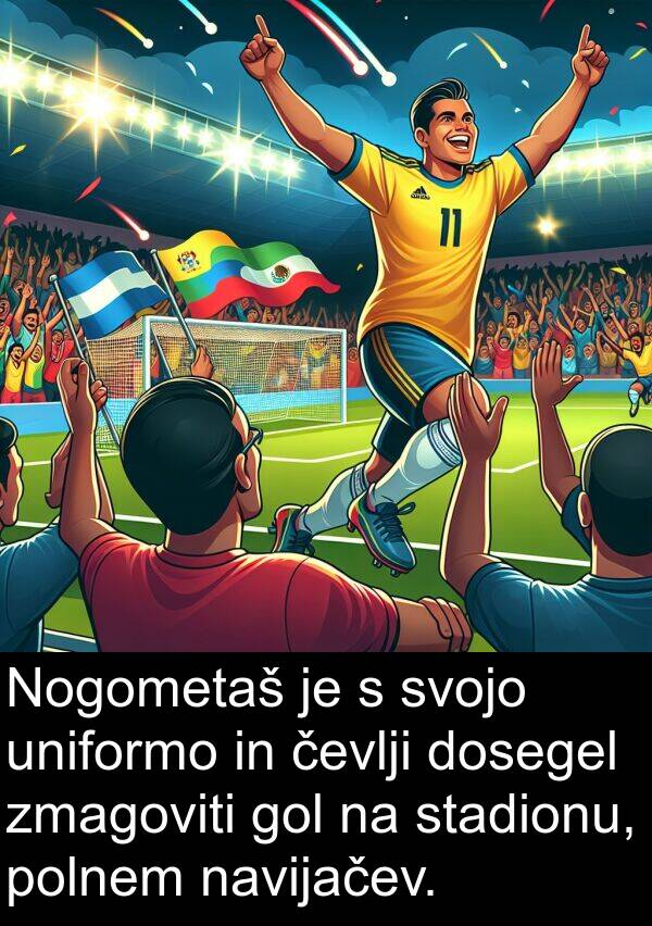 čevlji: Nogometaš je s svojo uniformo in čevlji dosegel zmagoviti gol na stadionu, polnem navijačev.