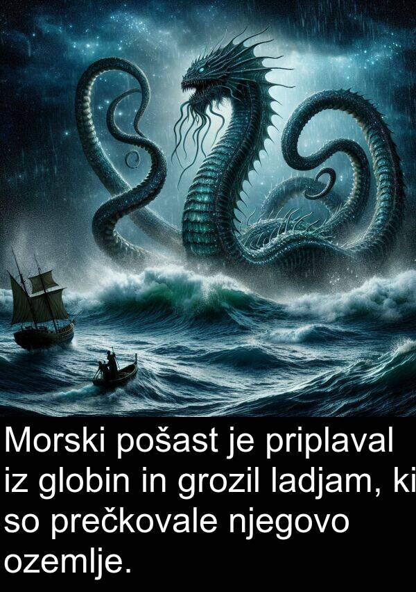 globin: Morski pošast je priplaval iz globin in grozil ladjam, ki so prečkovale njegovo ozemlje.