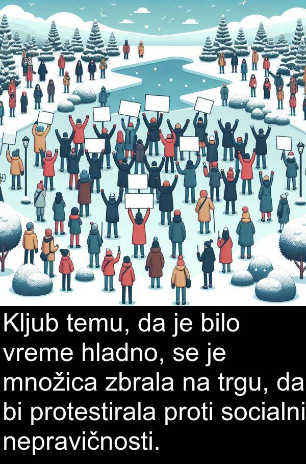 hladno: Kljub temu, da je bilo vreme hladno, se je množica zbrala na trgu, da bi protestirala proti socialni nepravičnosti.