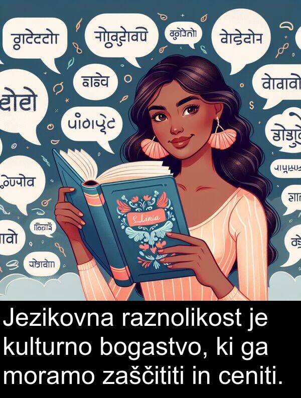 ceniti: Jezikovna raznolikost je kulturno bogastvo, ki ga moramo zaščititi in ceniti.