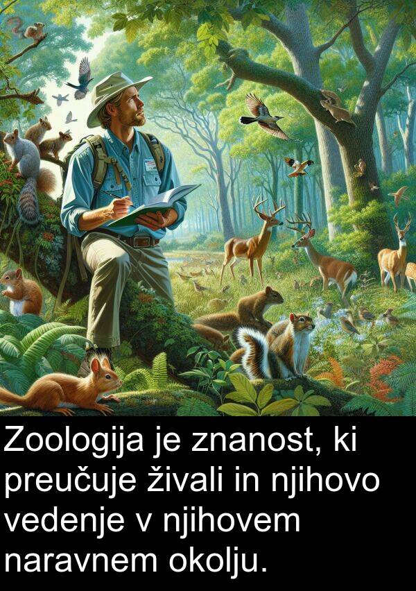 živali: Zoologija je znanost, ki preučuje živali in njihovo vedenje v njihovem naravnem okolju.