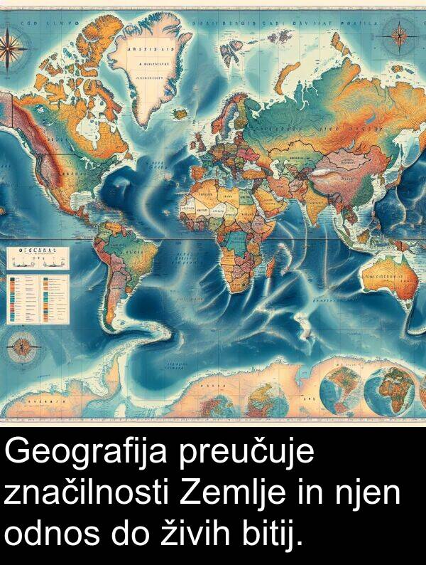 živih: Geografija preučuje značilnosti Zemlje in njen odnos do živih bitij.