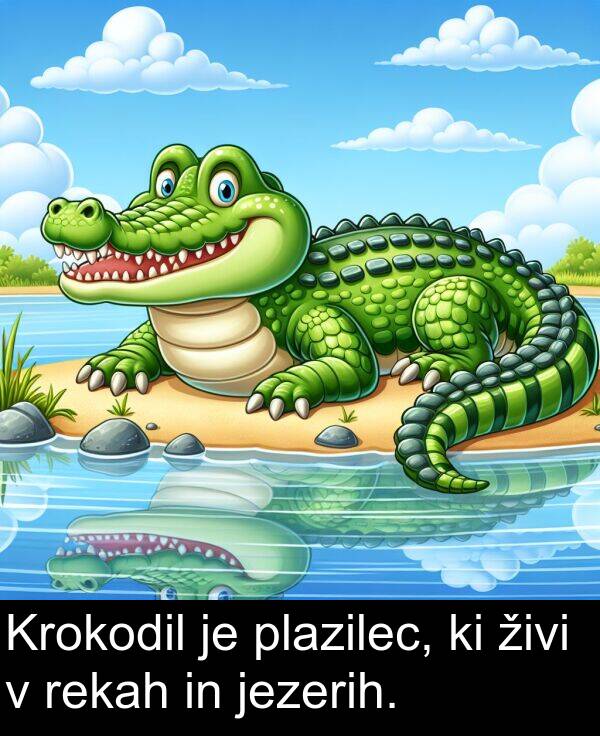 jezerih: Krokodil je plazilec, ki živi v rekah in jezerih.