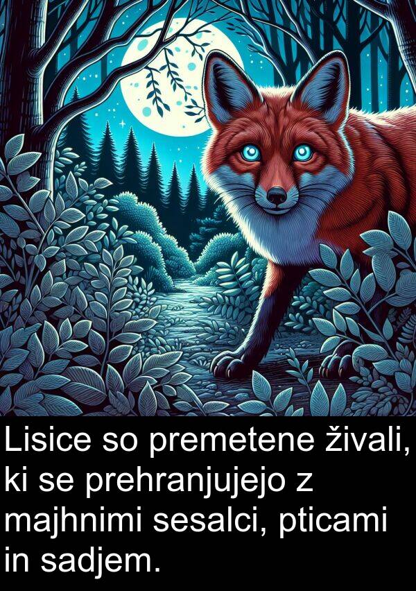 sesalci: Lisice so premetene živali, ki se prehranjujejo z majhnimi sesalci, pticami in sadjem.