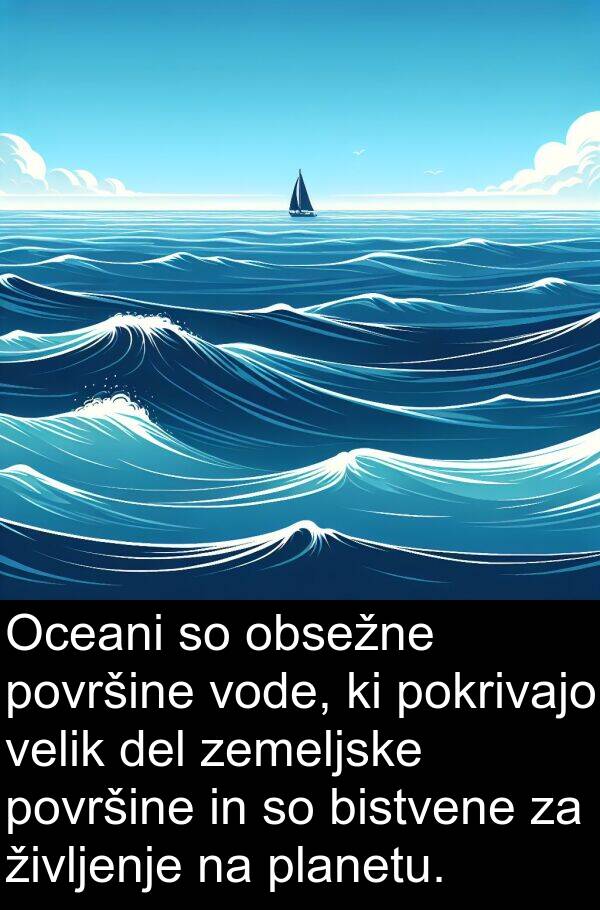 del: Oceani so obsežne površine vode, ki pokrivajo velik del zemeljske površine in so bistvene za življenje na planetu.