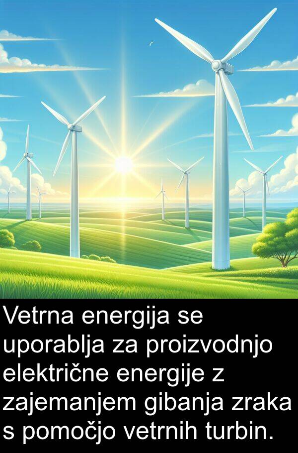 energija: Vetrna energija se uporablja za proizvodnjo električne energije z zajemanjem gibanja zraka s pomočjo vetrnih turbin.