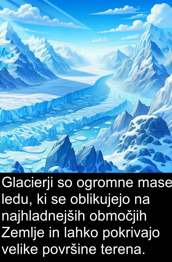 mase: Glacierji so ogromne mase ledu, ki se oblikujejo na najhladnejših območjih Zemlje in lahko pokrivajo velike površine terena.