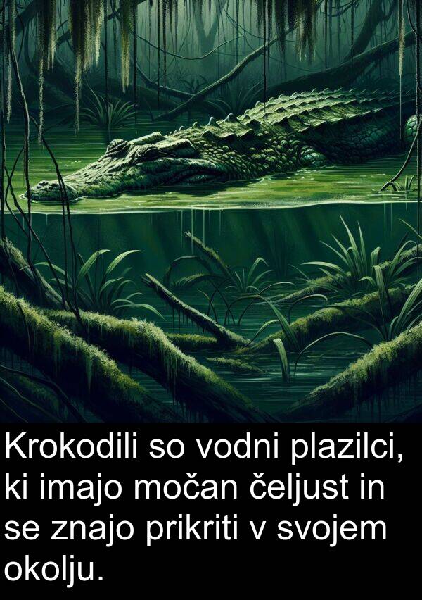 čeljust: Krokodili so vodni plazilci, ki imajo močan čeljust in se znajo prikriti v svojem okolju.