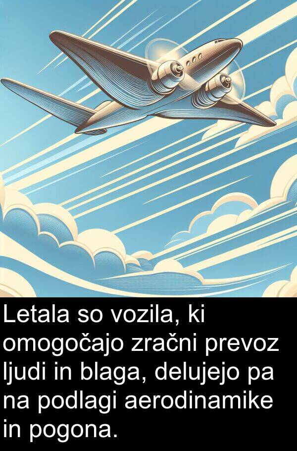 ljudi: Letala so vozila, ki omogočajo zračni prevoz ljudi in blaga, delujejo pa na podlagi aerodinamike in pogona.