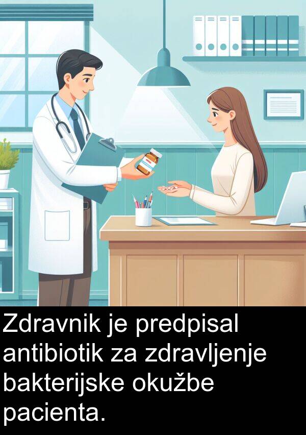 pacienta: Zdravnik je predpisal antibiotik za zdravljenje bakterijske okužbe pacienta.