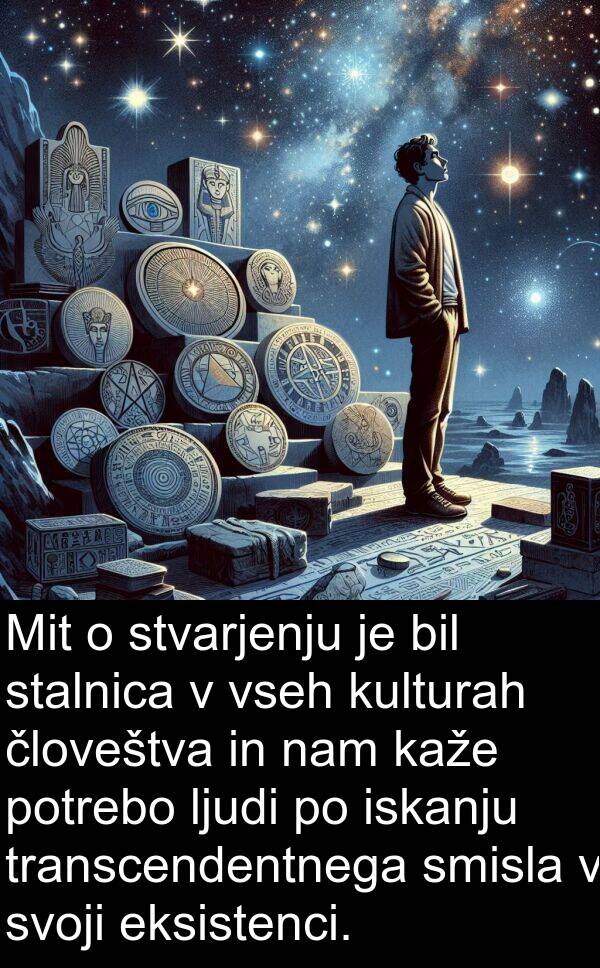 ljudi: Mit o stvarjenju je bil stalnica v vseh kulturah človeštva in nam kaže potrebo ljudi po iskanju transcendentnega smisla v svoji eksistenci.