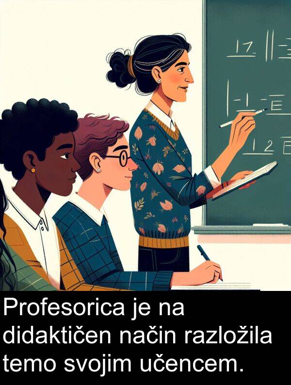 temo: Profesorica je na didaktičen način razložila temo svojim učencem.