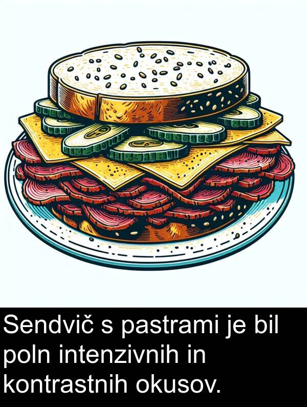 poln: Sendvič s pastrami je bil poln intenzivnih in kontrastnih okusov.