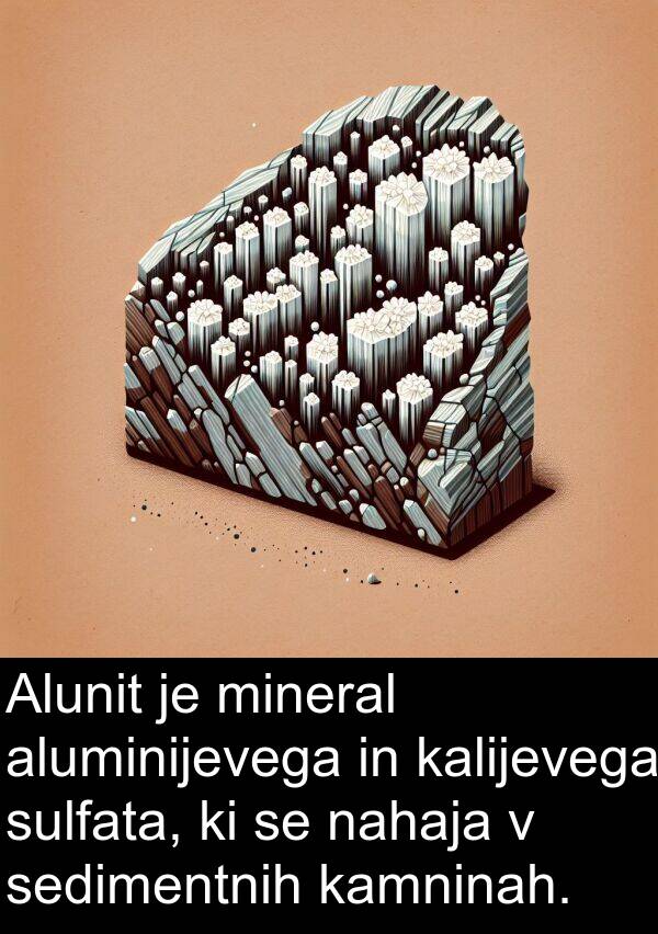 nahaja: Alunit je mineral aluminijevega in kalijevega sulfata, ki se nahaja v sedimentnih kamninah.