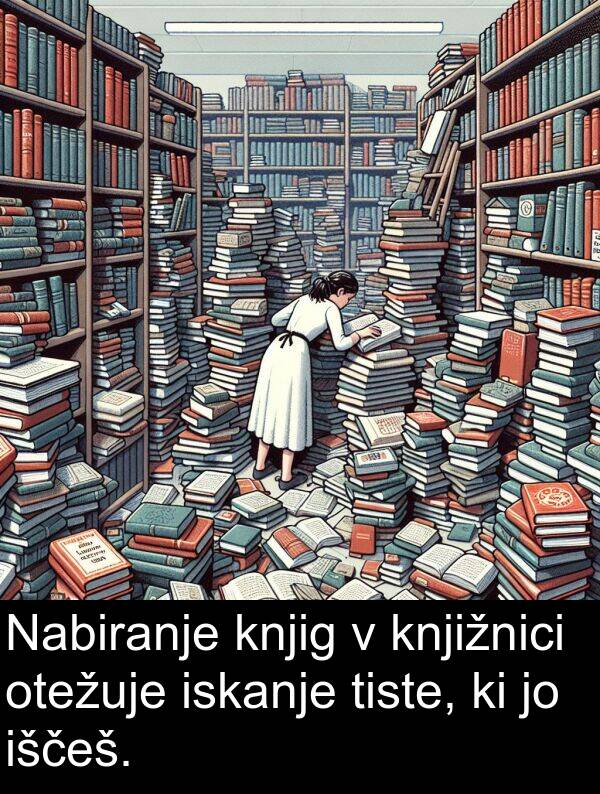 iskanje: Nabiranje knjig v knjižnici otežuje iskanje tiste, ki jo iščeš.