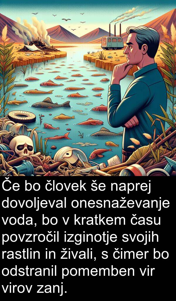 času: Če bo človek še naprej dovoljeval onesnaževanje voda, bo v kratkem času povzročil izginotje svojih rastlin in živali, s čimer bo odstranil pomemben vir virov zanj.