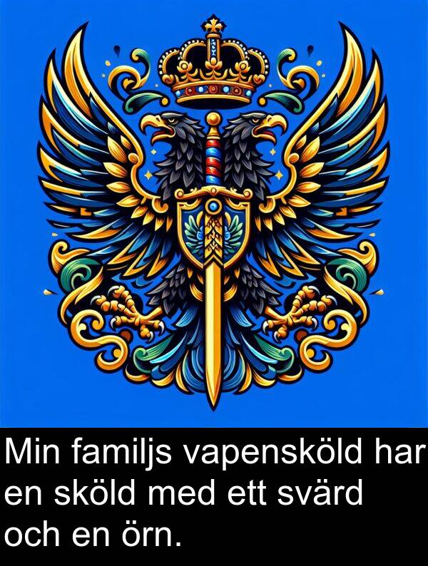 örn: Min familjs vapensköld har en sköld med ett svärd och en örn.