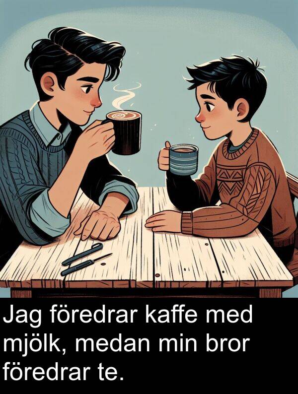 kaffe: Jag föredrar kaffe med mjölk, medan min bror föredrar te.