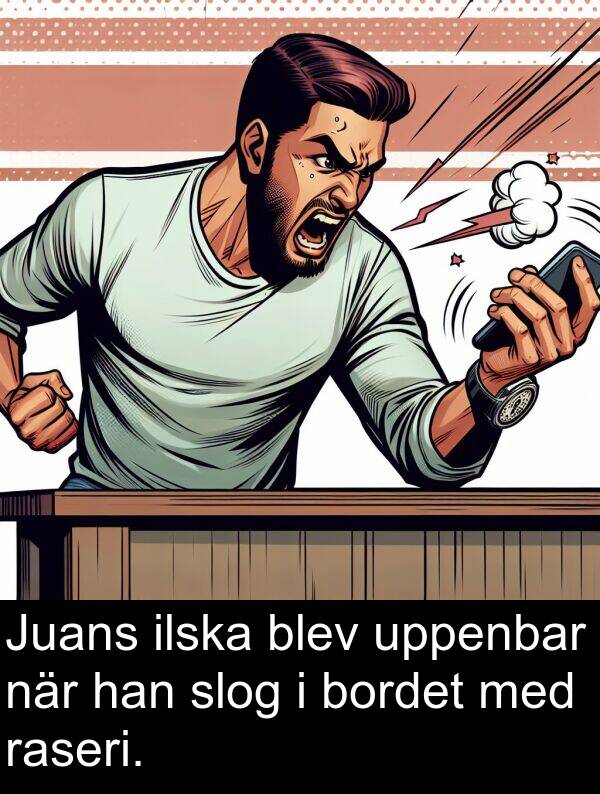 han: Juans ilska blev uppenbar när han slog i bordet med raseri.