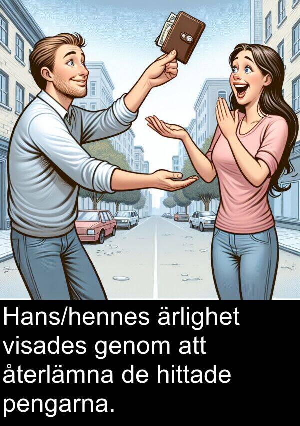 ärlighet: Hans/hennes ärlighet visades genom att återlämna de hittade pengarna.