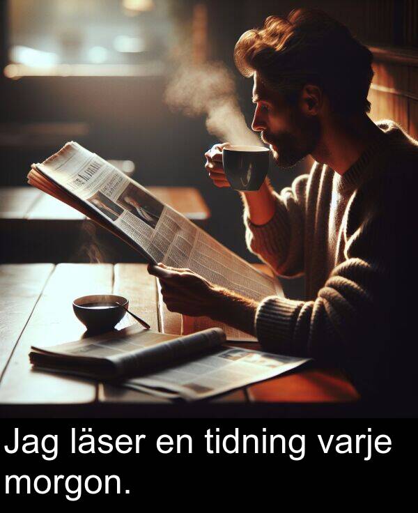 läser: Jag läser en tidning varje morgon.