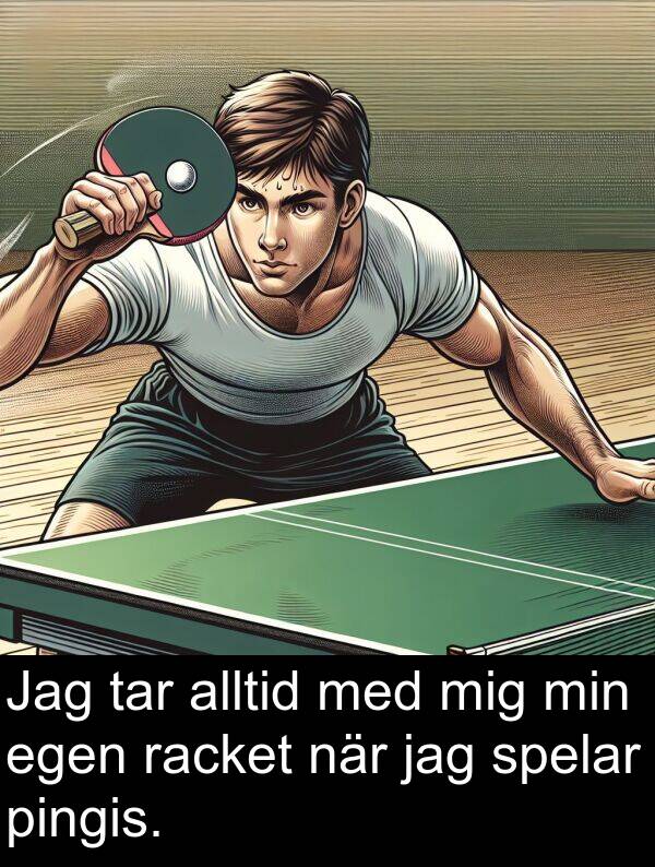 egen: Jag tar alltid med mig min egen racket när jag spelar pingis.