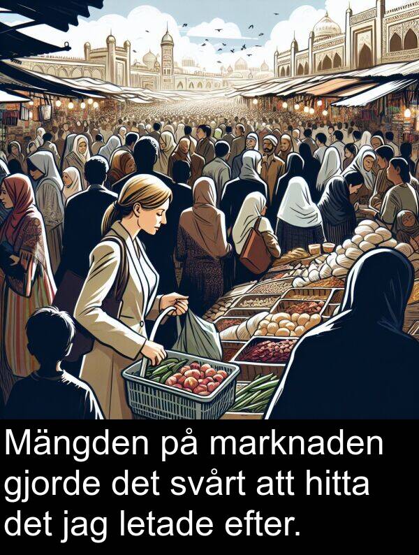 hitta: Mängden på marknaden gjorde det svårt att hitta det jag letade efter.