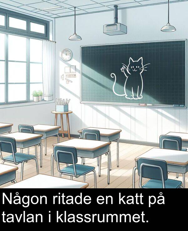 tavlan: Någon ritade en katt på tavlan i klassrummet.