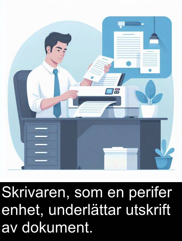 underlättar: Skrivaren, som en perifer enhet, underlättar utskrift av dokument.