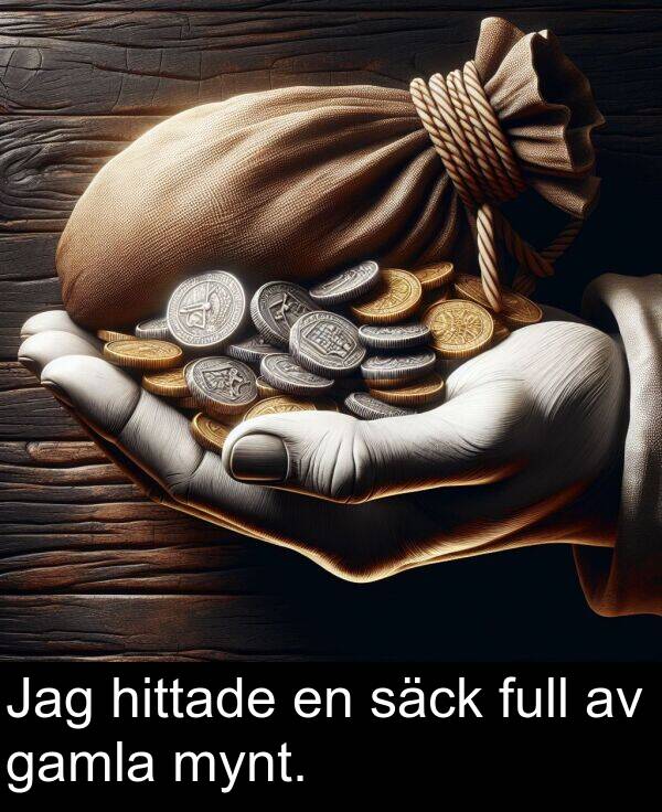 säck: Jag hittade en säck full av gamla mynt.