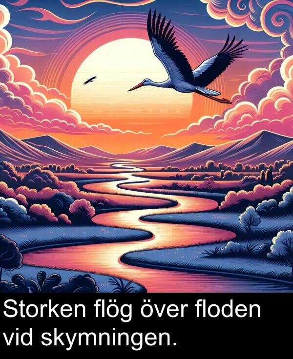 över: Storken flög över floden vid skymningen.