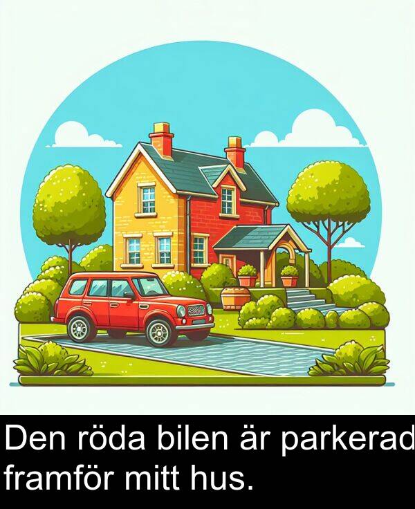 parkerad: Den röda bilen är parkerad framför mitt hus.