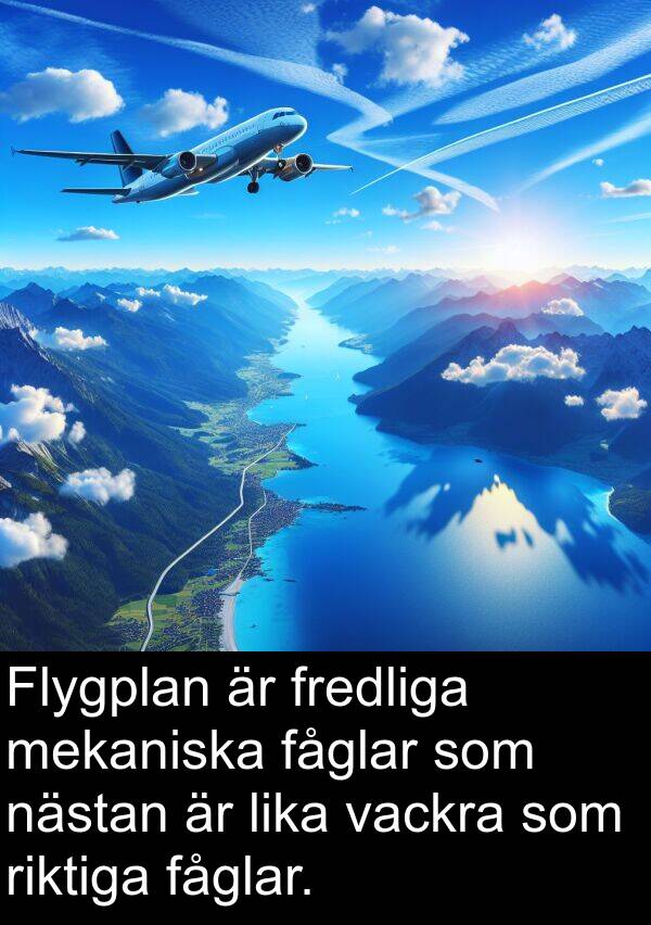 fåglar: Flygplan är fredliga mekaniska fåglar som nästan är lika vackra som riktiga fåglar.