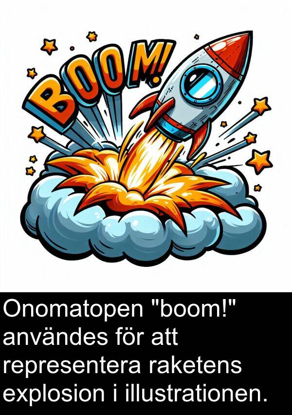 raketens: Onomatopen "boom!" användes för att representera raketens explosion i illustrationen.