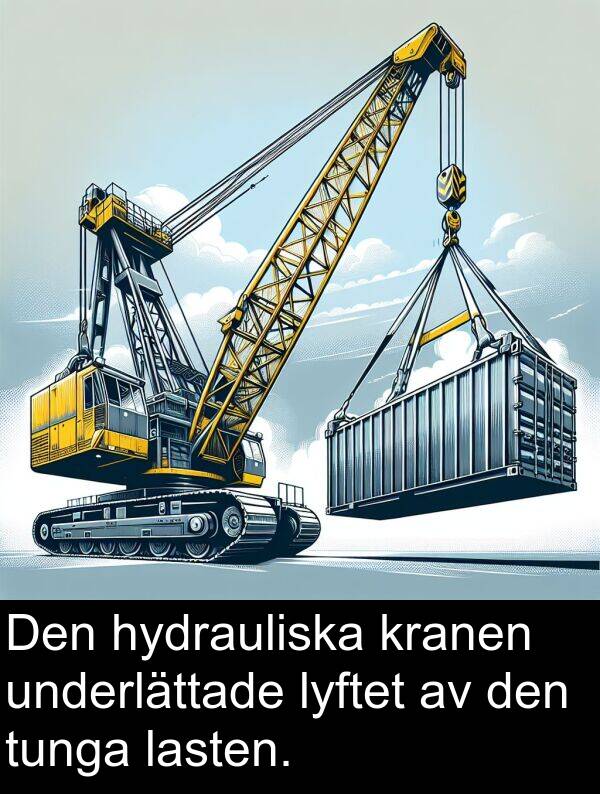 underlättade: Den hydrauliska kranen underlättade lyftet av den tunga lasten.