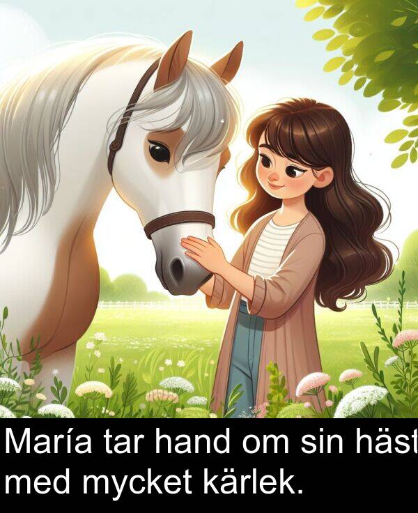 hand: María tar hand om sin häst med mycket kärlek.