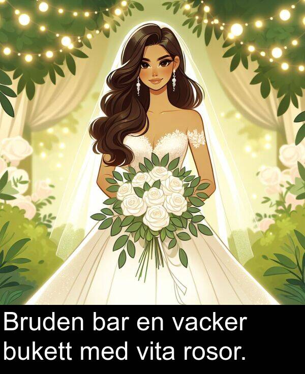 vacker: Bruden bar en vacker bukett med vita rosor.