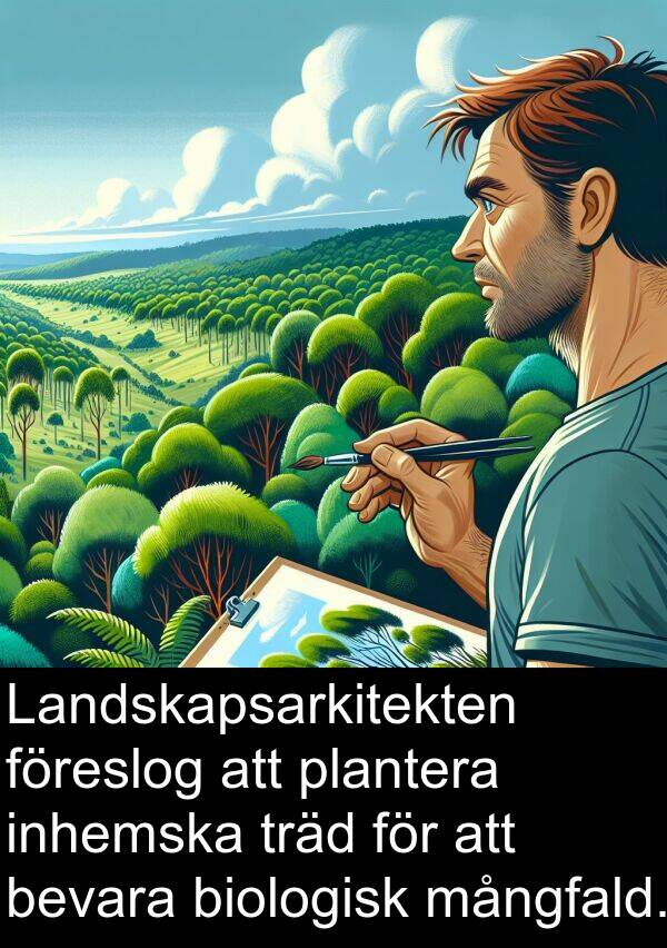 mångfald: Landskapsarkitekten föreslog att plantera inhemska träd för att bevara biologisk mångfald.