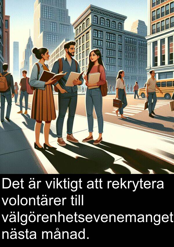 välgörenhetsevenemanget: Det är viktigt att rekrytera volontärer till välgörenhetsevenemanget nästa månad.