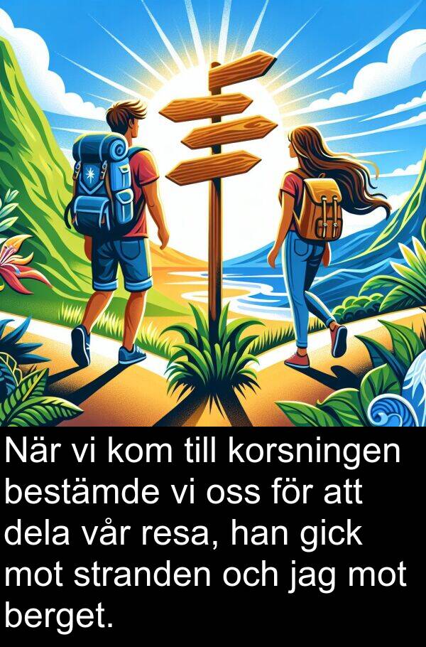 dela: När vi kom till korsningen bestämde vi oss för att dela vår resa, han gick mot stranden och jag mot berget.