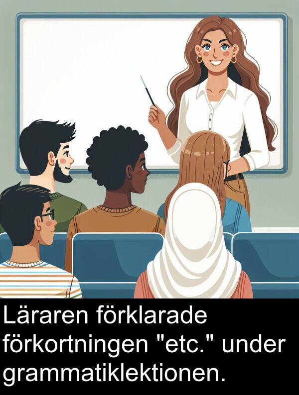 förkortningen: Läraren förklarade förkortningen "etc." under grammatiklektionen.